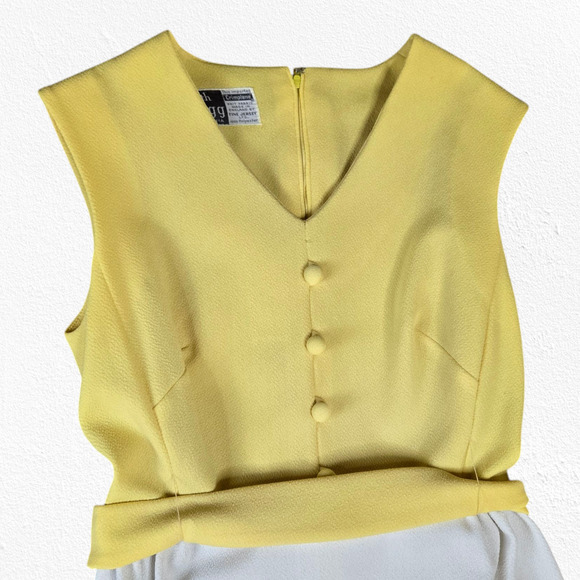 60s Vintage Yellow White Crimplene Embroidery USA Edith Flagg Maxi Dress Size 8 - Picture 3 of 13